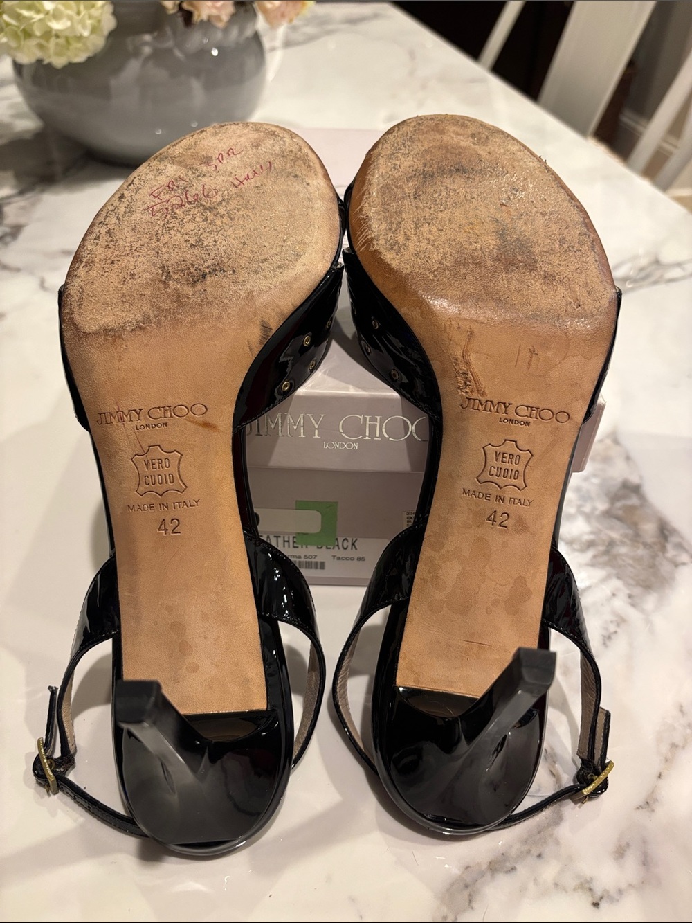 Authentic Jimmy Choo Black Patent Leather Studded Open-Toe Heels - Picture 6 of 6